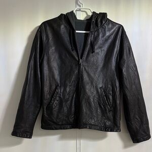 Black Real Leather Hooded Jacket